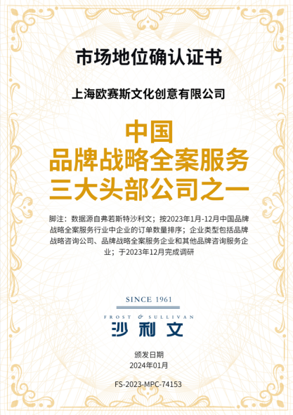 欧赛斯荣膺沙利文权威认证“中国品牌战略全案服务三大头部公司之一”《2023年中国品牌战略全案服务行业白皮书》正式发布